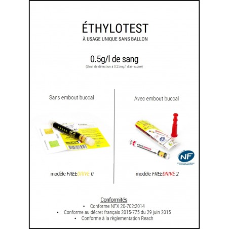 ÉTHYLOTEST À USAGE UNIQUE SANS BALLON - 0.5g/l de sang (Seuil de détection à 0.25mg/l d’air expiré)